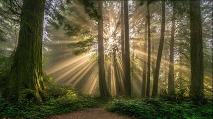 Naklejka premium Forest bathed in ethereal golden light