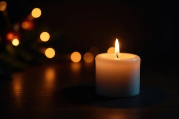 Single candle flame illuminates Christmas decor, black backdrop, background, vintage