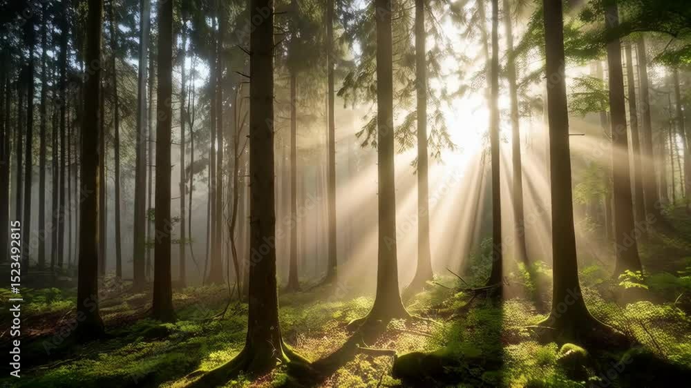 Aufkleber sunlight streaming through trees in a misty forest, creating dappled light and shadows on the mossy 