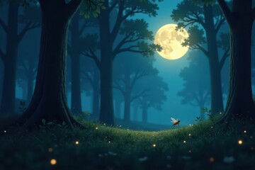 Naklejka premium Single firefly's soft glow in moonlit forest, enchanting scene , peaceful, atmosphere