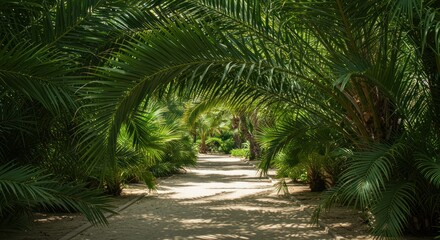 Obraz premium Pathway Through a Lush Palm Grove, Creating a Natural Canopy of Tropical Greenery