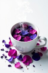 Steaming butterfly pea tea, scattered dried petals on white , herbal, clitoria ternatea, aromatic