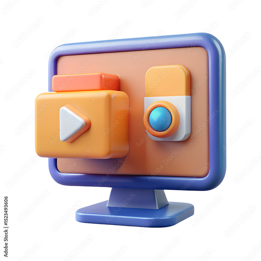 Poster 3d render of digital media icons on a computer monitor
