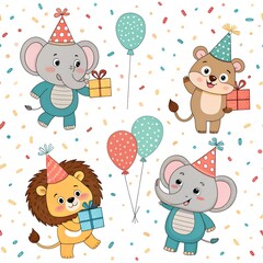 Naklejka premium Seamless vector pattern of cartoon animals in party hats, holding gifts and balloons, on confetti background 