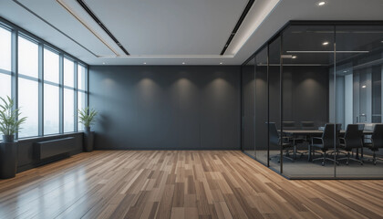 Modern black wall mockup in office with wooden floor and meeting room visible through glass wall on right side under ceiling lights at night