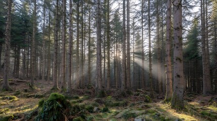 Sunlight filtering through evergreen forest trees