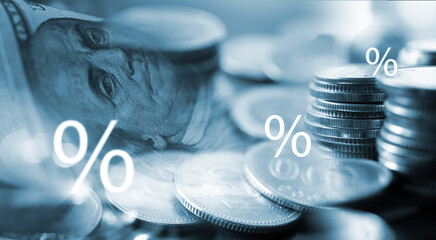 Finance and investment background. Money and USD currency bank note, compound interest rate...
