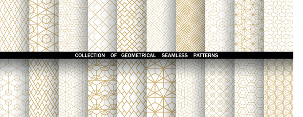 Geometric set of seamless golden and white patterns. Simple vector graphics