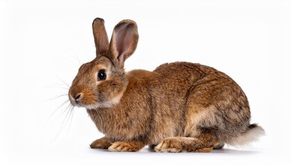 Fototapeta premium Adorable Brown Rabbit Sitting, Fluffy Fur, Long Ears, White Background