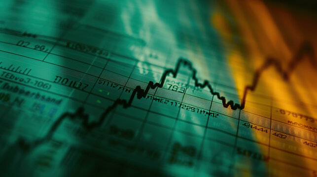 Close-up of financial chart with downward trending line symbolizing Federal Reserve rate cuts, economic recession concept, stock market volatility and investment risk analysis.