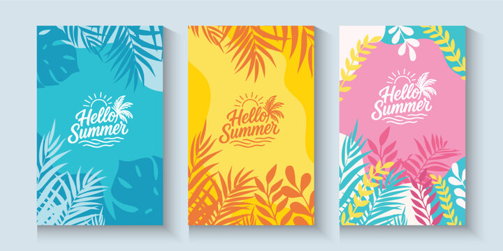 Summer greeting clipart banner poster set. spring tropical leaves with orange,strawberry, avocado, collection summer or spring poster in colorful abstract background	