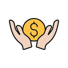 Flat icon of hand giving coin and dollar, perfect for charity, donation, NGO, and giving-related visuals.