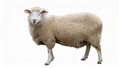 Obraz premium Single Fluffy Sheep, Isolated White Background, Farm Animal