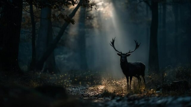 Deer in Mysterious Forest. A majestic deer stands boldly in a shadowy forest, illuminated by beams of ethereal light filtering through the canopy, creating a dramatic and captivating scene.