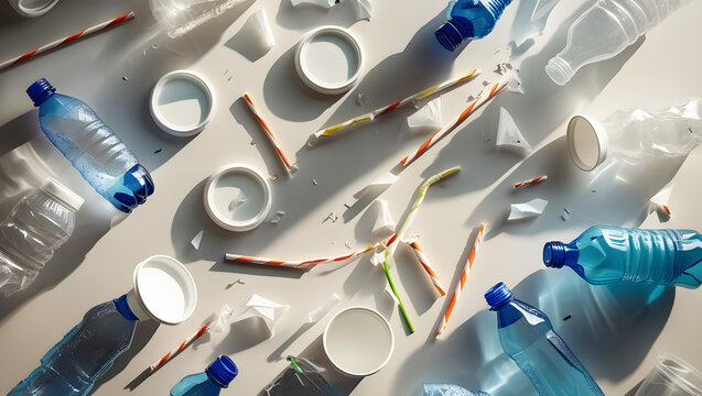 carious collection of plastic bottle waste straws bottle caps with natural lighting on white background