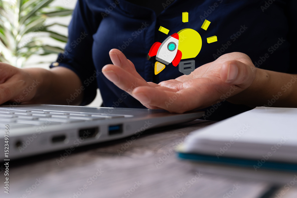 Aufkleber a person holding their hand out in front of them, with an idea bulb and rocket symbol on the palm of