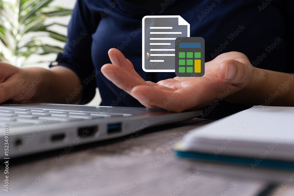 Poster close-up of a woman's hand holding a digital calculator with a file document icon floating above, on