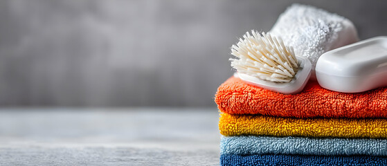 Colorful Stacked Towels And Scrub Brush On Gray Background
