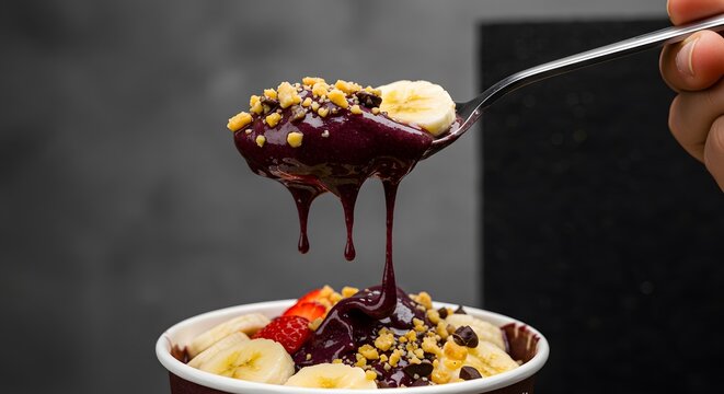 Close-up of an açaí spoonful with dripping textures and highlighted toppings, set against a dark background for visual focus and striking shadow contrast