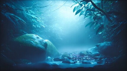 Mystical Blue Forest River Landscape Scene