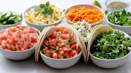 Vibrant Array of Tacos Displayed on a Rustic Wooden Table with Color