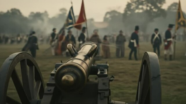Cannon Aimed at Soldiers on Battlefield