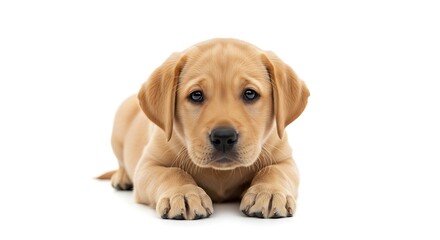 Obraz premium A golden labrador puppy laying down on a white background looking forward