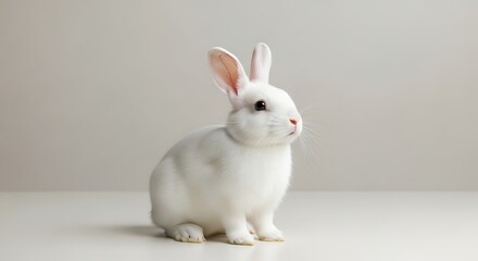 Fototapeta premium A white rabbit sitting on a white surface against a plain background wall