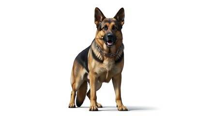 A german shepherd dog standing on a white background wearing a gold chain