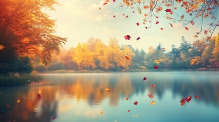 A serene autumnal scene by a calm lake with vibrant foliage.