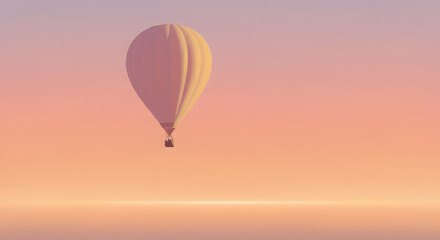 Obraz premium A single hot air balloon gracefully floating in a soft, warm gradient sky during sunset or sunrise. Represents adventure, travel, freedom, and peaceful journeys. 