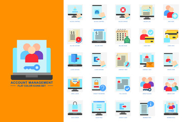 Account management flat color icons set. contain access control, add user, card info, member info and more. use for modern concept, print, UI, UX kit, web and app development. Vector EPS 10