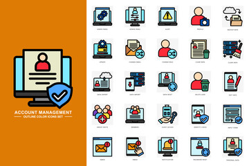 Account management outline color icons set. contain admin panel, data import, data reset, personal data and more. use for modern concept, print, UI, UX kit, web and app development. Vector EPS 10