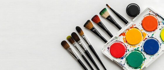 Naklejka premium Colorful Watercolor Paint Palette And Paintbrushes On White Wooden Surface