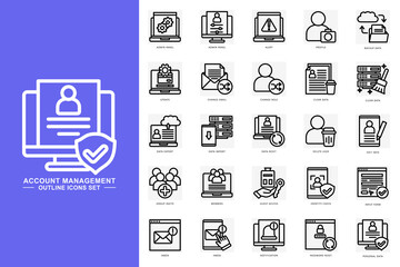 Account management outline icons set. contain admin panel, data import, data reset, personal data and more. use for modern concept, print, UI, UX kit, web and app development. Vector EPS 10