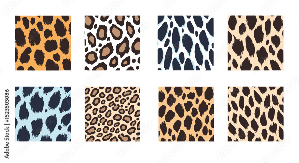 Poster collection of eight rectangular animal print patterns with varying color schemes and spot arrangemen