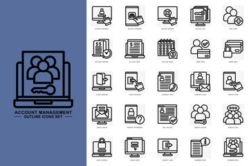 Account management outline icons set. contain access control, add user, card info, member info, login page and more. use for modern concept, print, UI, UX kit, web and app development. Vector EPS 10