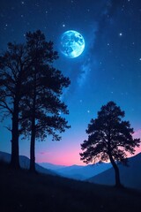 Fototapeta premium Silhouetted trees against a star-filled night sky, ethereal moonbeams illuminating the landscape Perfect for meditation, peace, tranquility, and spiritual themes , magical, belief, sky