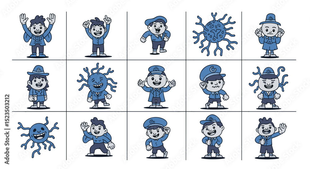 Poster collection of cartoon characters in blue suits with various headwear and expressions displayed neatl