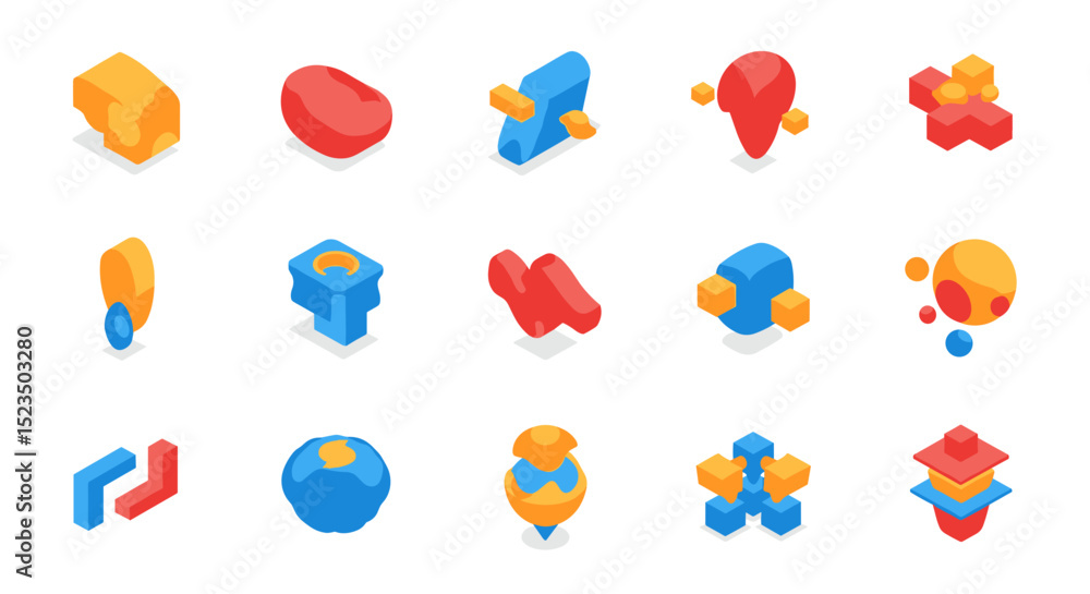 Poster isometric shapes in various colors arranged in a grid pattern on a white background display a modern