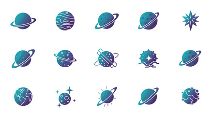 Obraz premium Collection of stylized planets and celestial bodies with rings and star shapes in teal and purple hues