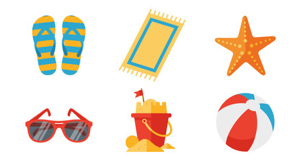 Illustration of beach essentials including flip flops towel starfish sunglasses sandcastle and beach ball