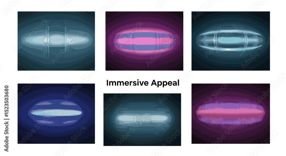 Poster six abstract glowing oval shapes arranged in a grid pattern with varying color schemes and textures