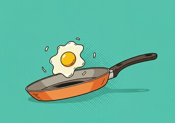 A fried egg floats above an orange frying pan on a teal background.  The illustration style is reminiscent of retro comic books.