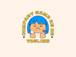 Chubby cheeked girl with bright blue hair, holding a fork and spoon in anticipation of eating cute cartoon mascot logo vector for restaurants, food trucks, kids’ food products