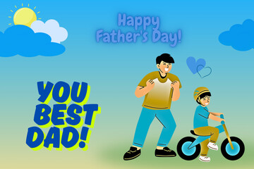 Happy Father's Day greeting card on blue background with father and son template. ( original illustration, not AI-generated ).