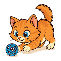 Playful Orange Tabby Kitten Cartoon with Blue Eyes Pouncing on a Yarn Ball, Pure Cuteness
