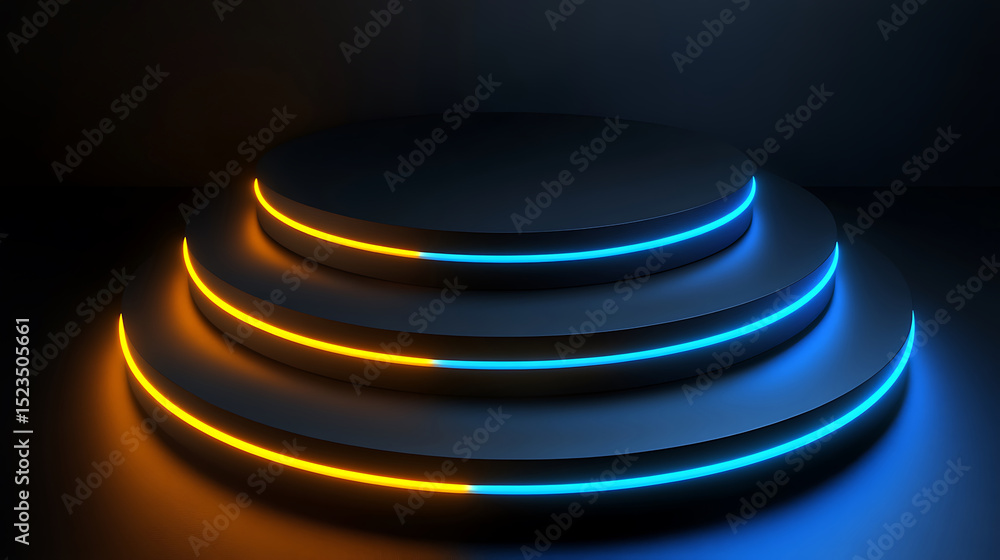 Poster dark three tiered platform with neon lights for product display and showcase