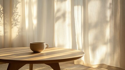 Cozy indoor scene with sunlight and coffee cup.