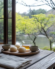 Simple meal with eggs and tea by tranquil view.